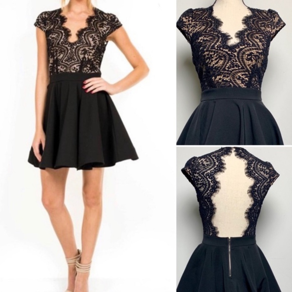Luxxel Black Lace Flare Dress with Back Cutout